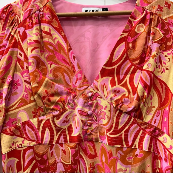 Rixo Jules Abstract Print Mini Dress 100% Silk Paisley Pink Retro Hippie Boho XL - Picture 9 of 16